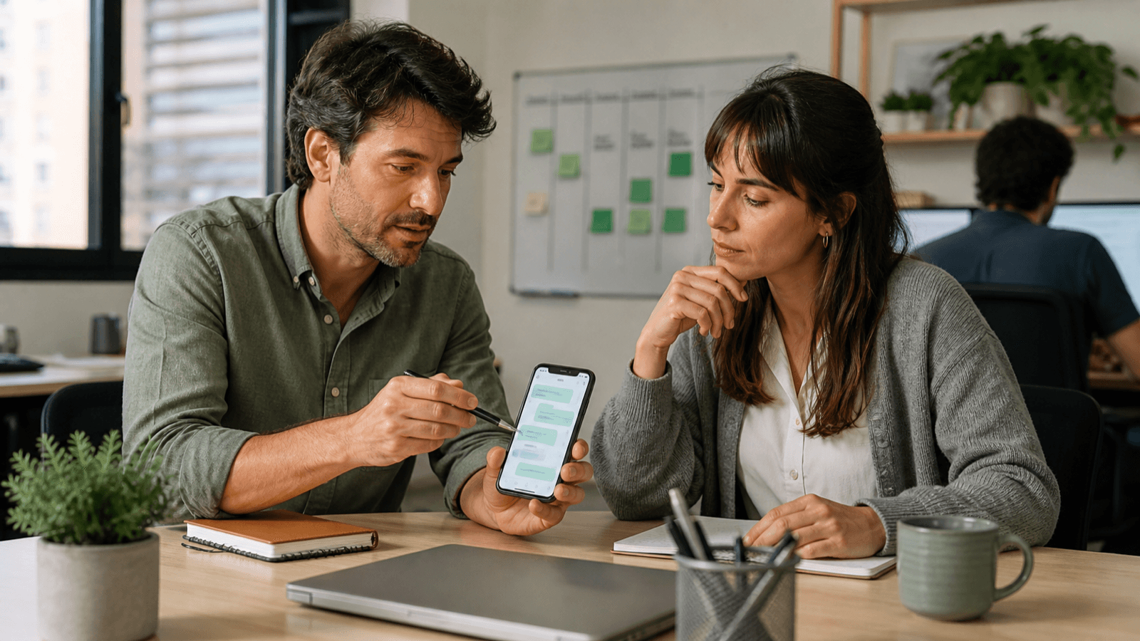 Small-business team reviewing how a WhatsApp chatbot hands a conversation to a person.