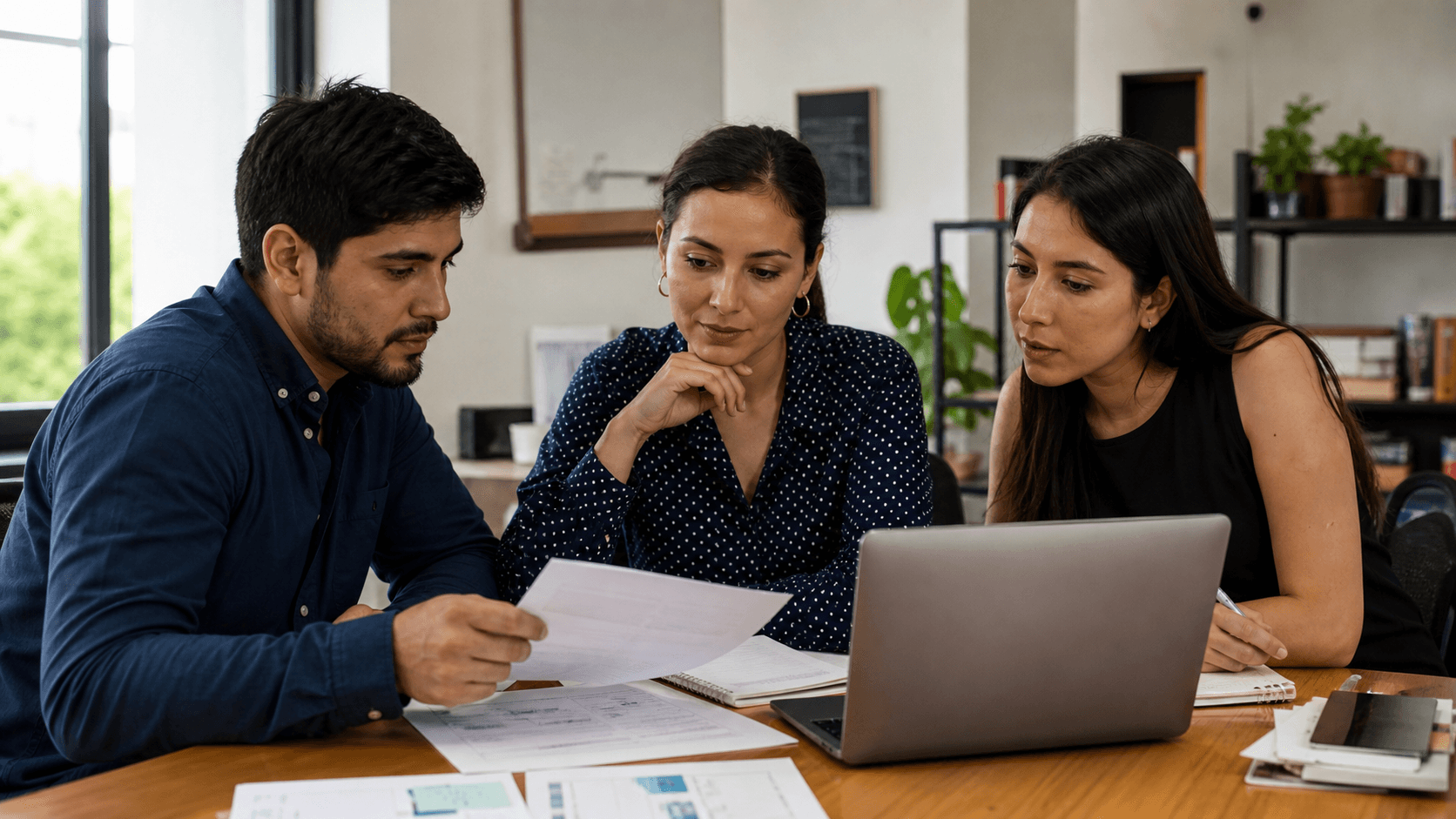 Small-business team reviewing growth marketing experiments in an office