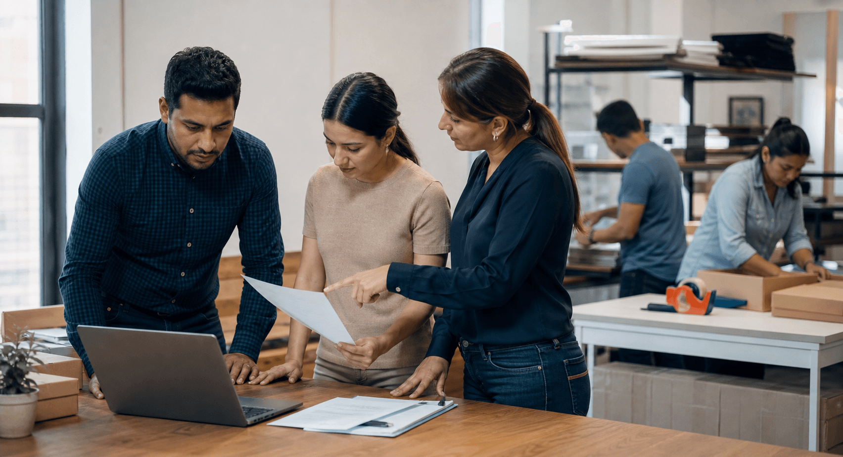 Small-business team reviewing an automation while operations continue