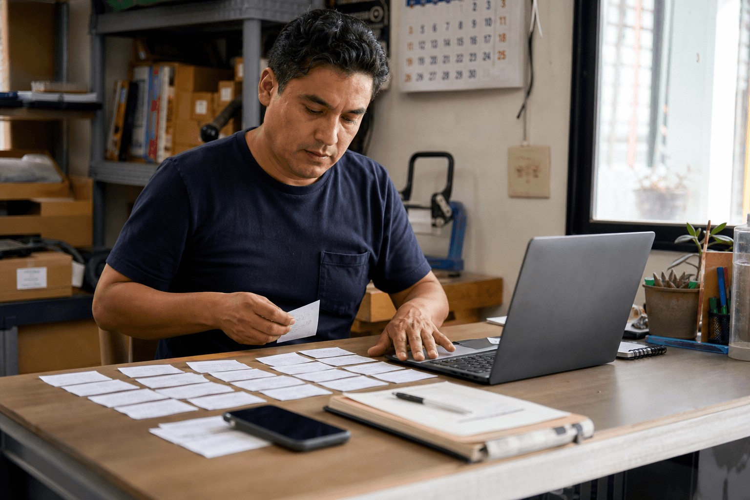 Small-business owner organizing inquiries and follow-ups in a simple sales funnel