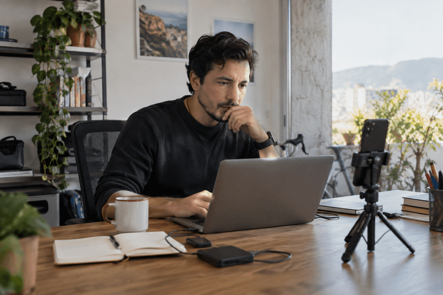 Technical founder prepares to explain his work in front of a camera and laptop