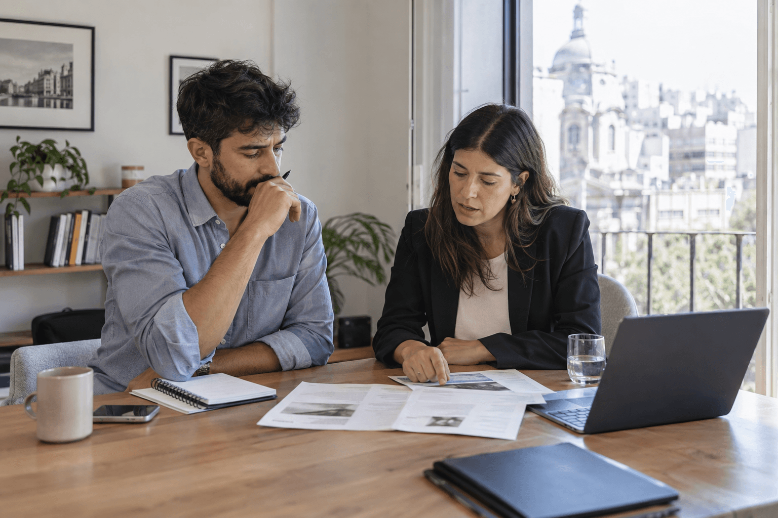 Small-business owner and consultant reviewing a digital consulting proposal