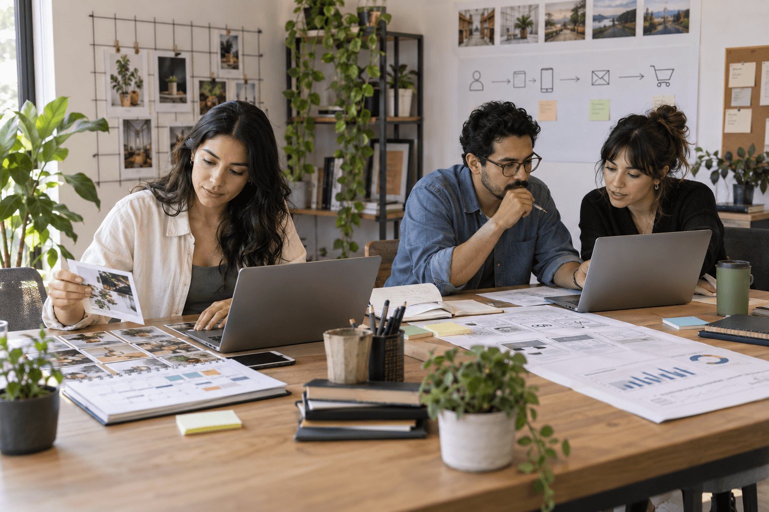 Community manager organizing content while a team reviews a growth strategy