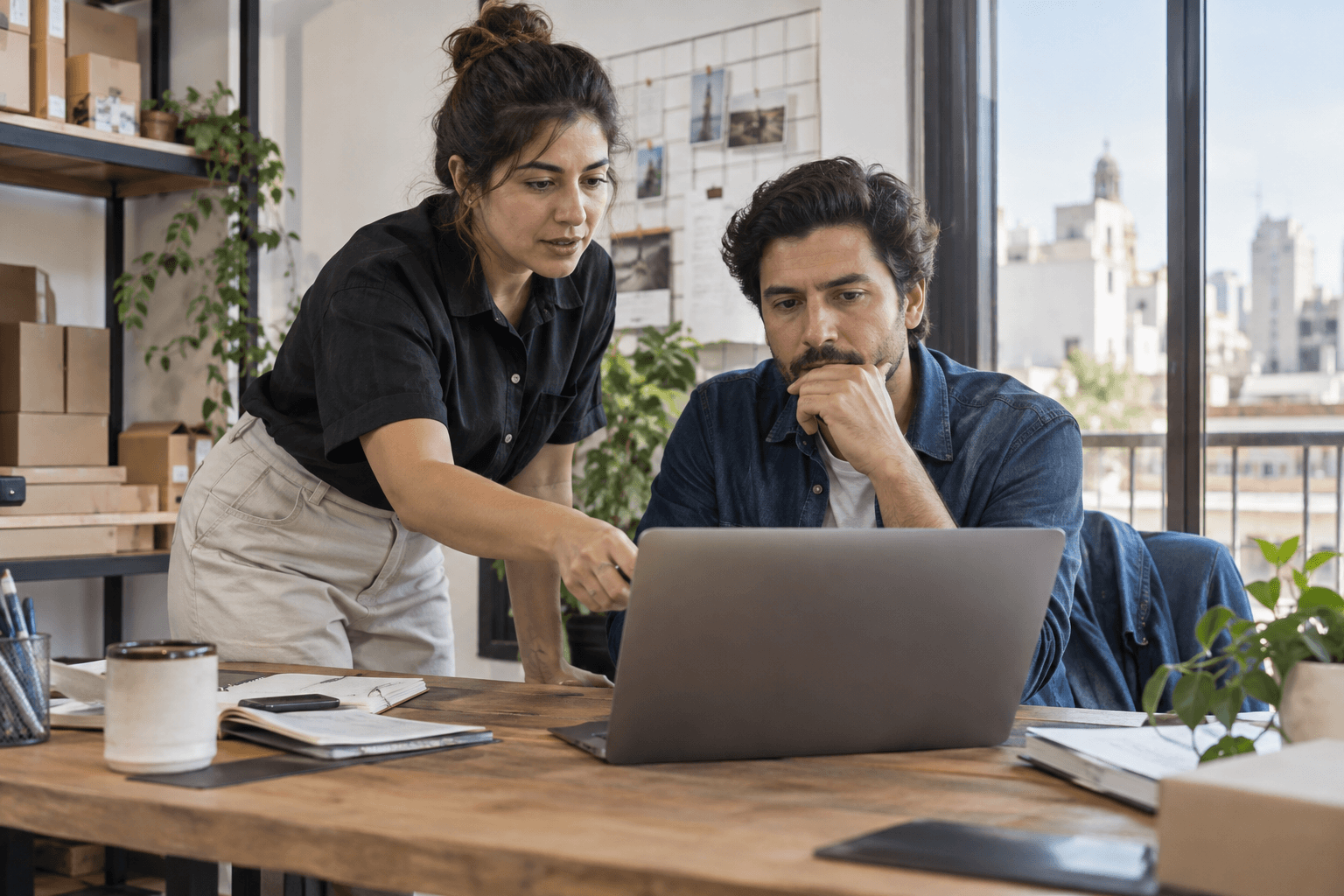 Small-business team evaluating metrics before implementing artificial intelligence